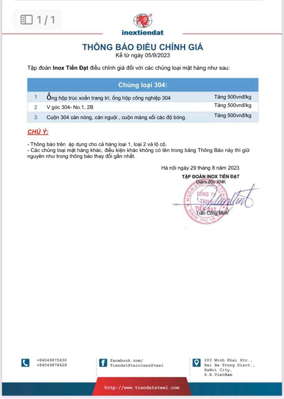 CẬP NHẬT XU HƯỚNG GIÁ INOX ỐNG HỘP ngày 30 tháng 8.